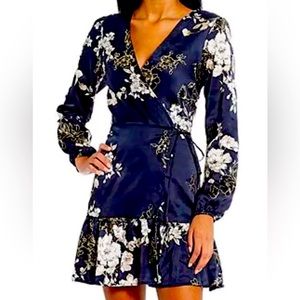Rare satin NWT Xtraordinary Long Sleeve V Neck Floral Waist Tie Dress Large